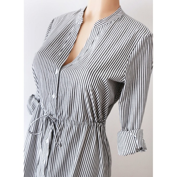 Stripe Cotton Drawstring Crochet Midi Shirt Dress - Picture 2 of 8